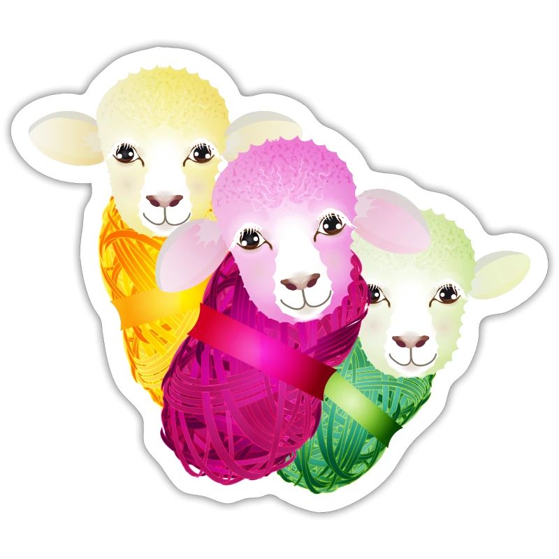 three colourful sheep with colour-coordinated wool