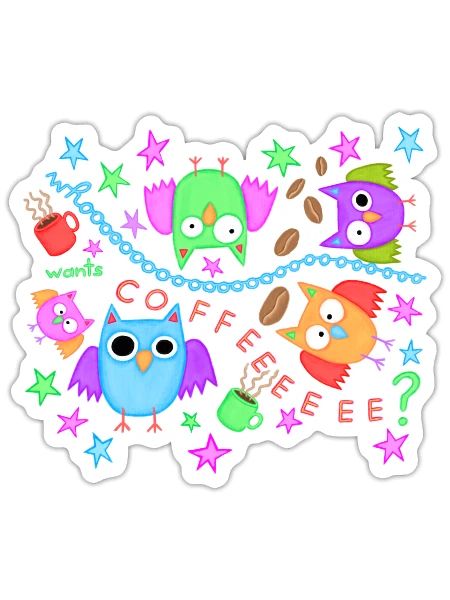 Café Hiboux Drôle Hibou Fatigué Caféine Vie de bureau - Sticker taille S (10 x 10 cm) - blanc mat - Devant