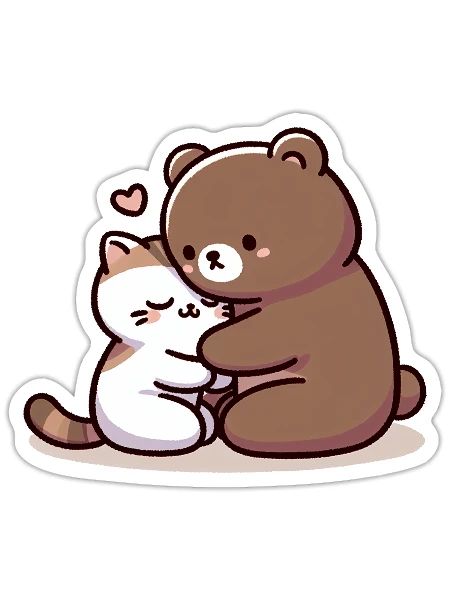 Câlin Chat Et Ours Amoureux - Sticker taille S (10 x 10 cm) - blanc mat - Devant