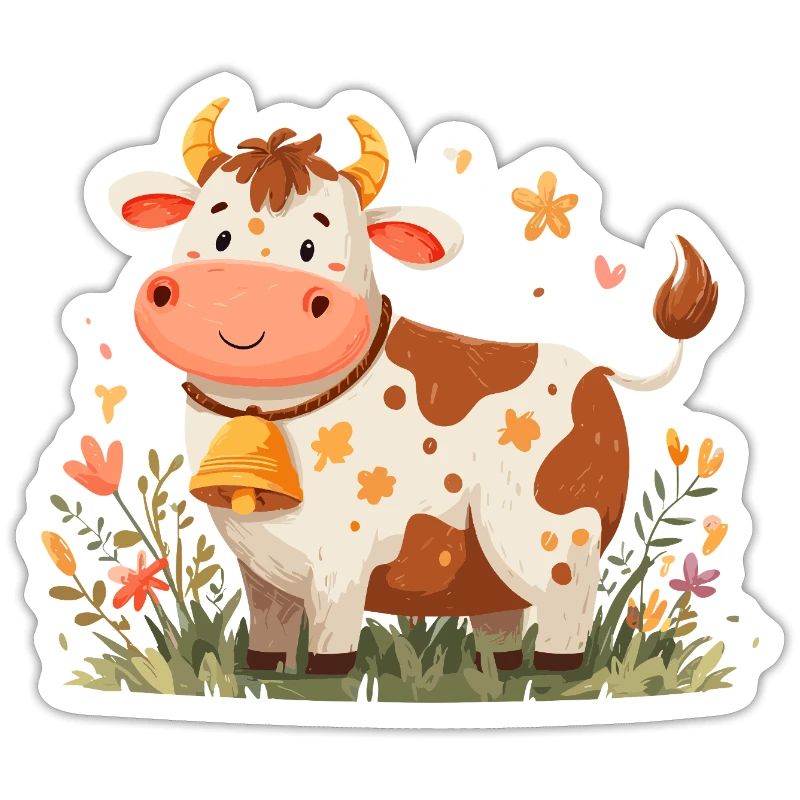 Vache avec clochette dans un champ de fleurs