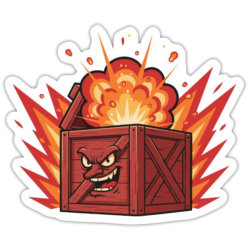 Exploding wooden box with a grim face
