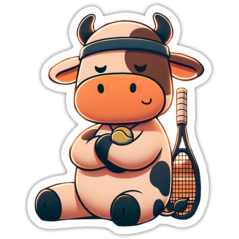 Cute tennis cow with racket and ball