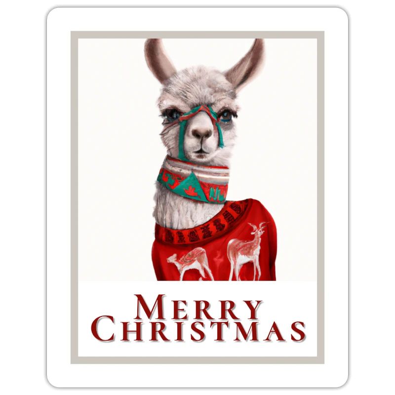 Foto eines süßen Lamas in einem Weihnachtspullover.