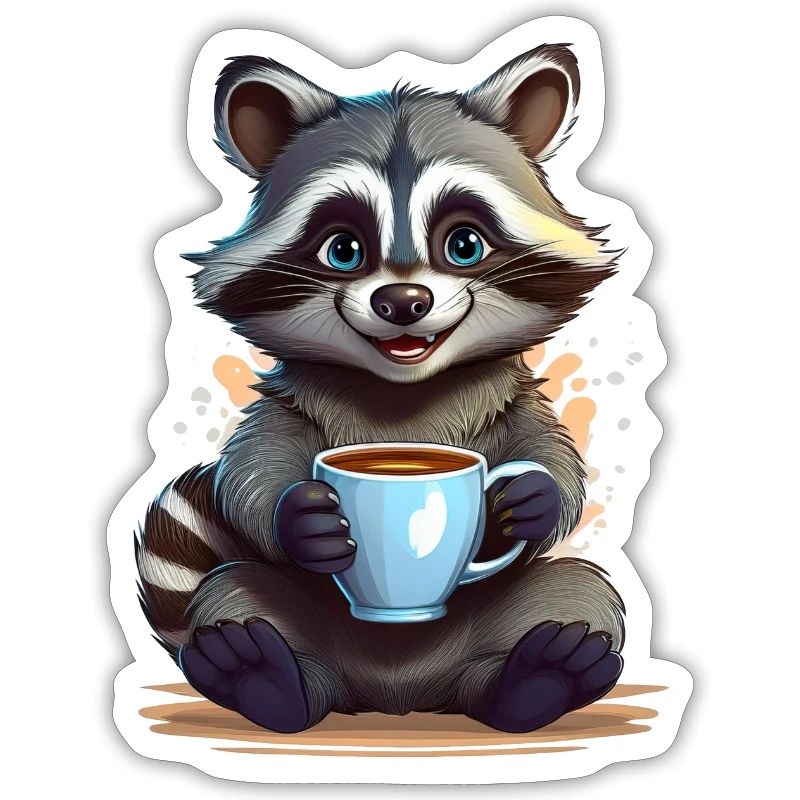 Ein glücklicher Waschbär mit einer Tasse Kaffee