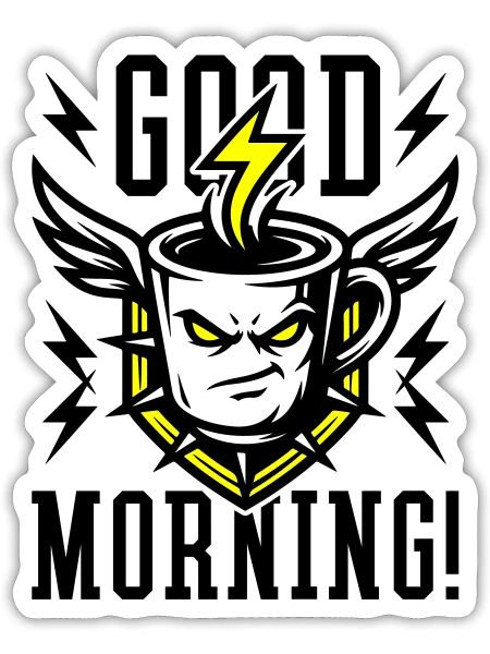 Good Morning Kaffeetasse Blitz Gelb - Sticker Größe S (10 x 10 cm) - Mattweiß - Vorne