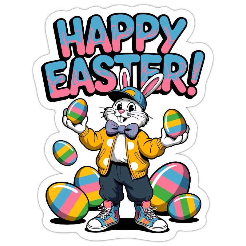 Happy Easter bunny with colorful eggs