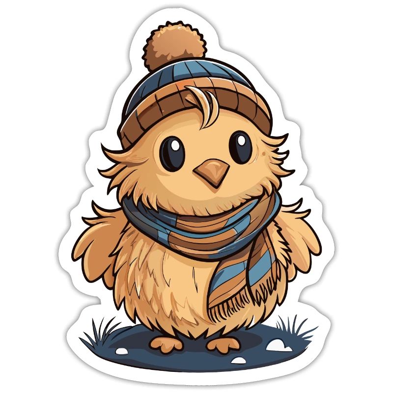 Mignon caneton avec écharpe et bonnet à pompon.