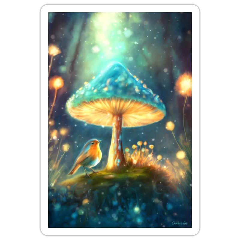 Magic robin under a toadstool