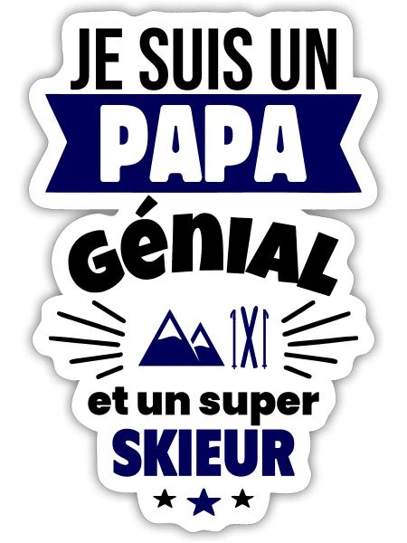 Papa génial & skieur – idée fête des pères - Sticker taille S (10 x 10 cm) - blanc mat - Devant
