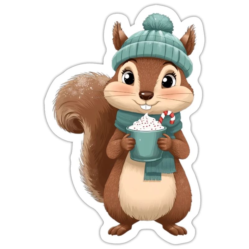 Winterliches Eichhörnchen mit Heißgetränk