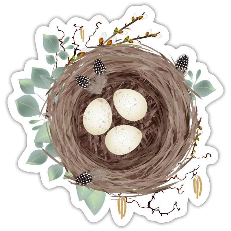 Vogelnest oder Osternest mit drei Eier und Federn