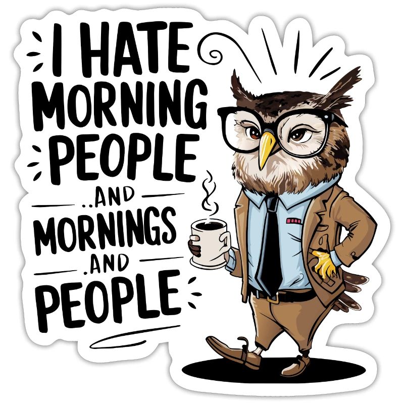 First coffee grumpy owl with coffee cup