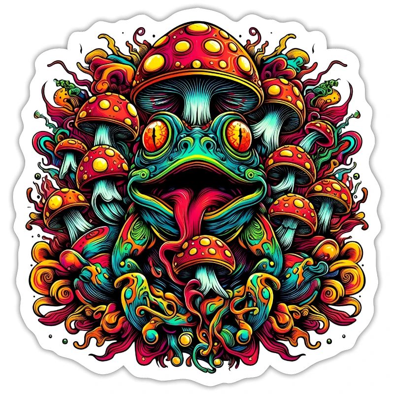 Psychedelic frog with mushrooms