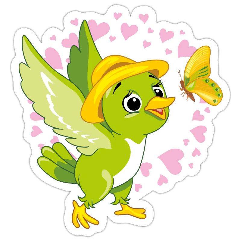 Oiseau vert mignon jouant avec un papillon