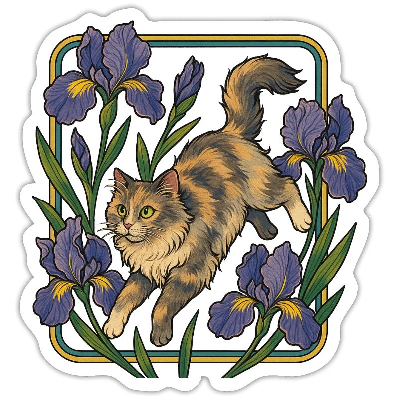 Chat élégant parmi les fleurs d'iris