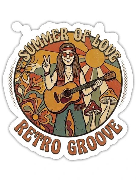 Peace & Love Summer of Love Retro T-Shirt Sixties - Sticker Größe S (10 x 10 cm) - Mattweiß - Vorne