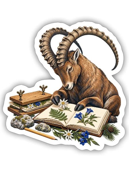 Steinbock führt ein Alpenherbarium - Sticker Größe S (10 x 10 cm) - Mattweiß - Vorne