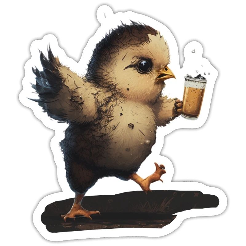Cute bird drinks a beer
