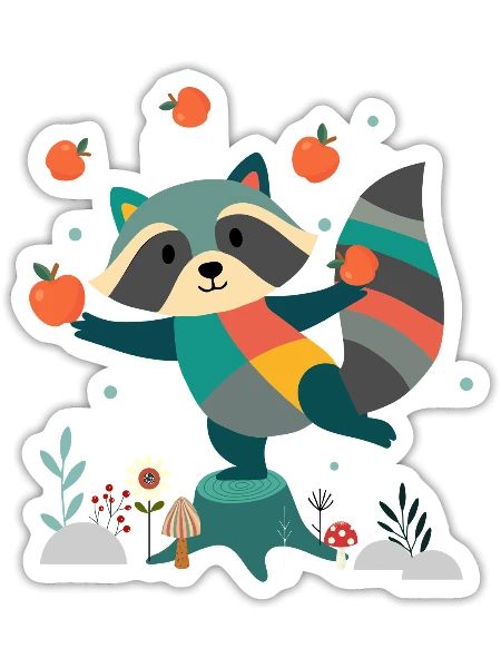 Verspielter Waschbär jongliert fröhlich mit Äpfeln - Sticker Größe S (10 x 10 cm) - Mattweiß - Vorne