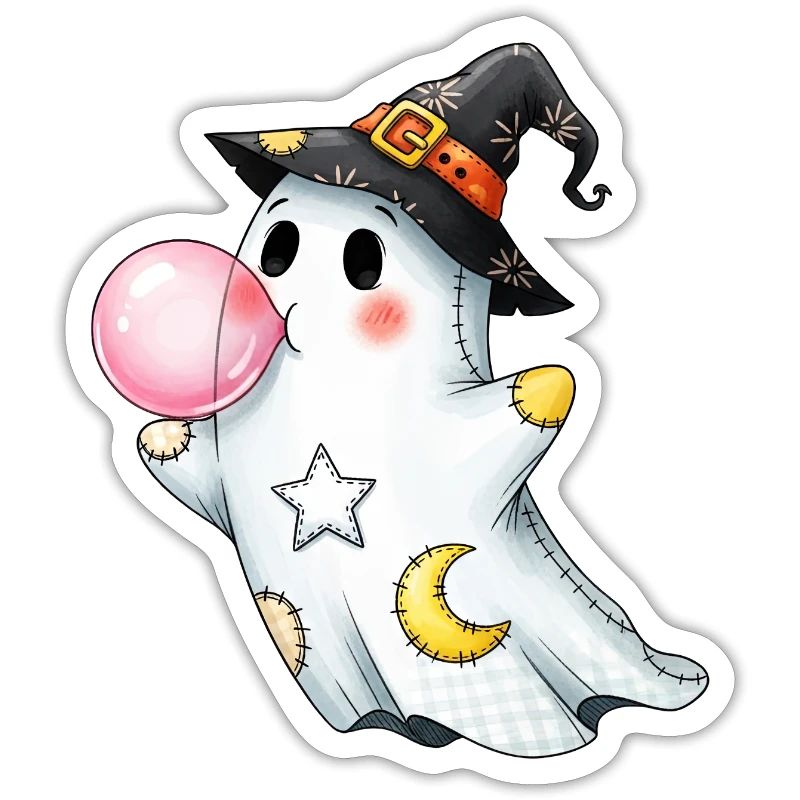 Patchwork cartoon ghost with bubble gum bubble