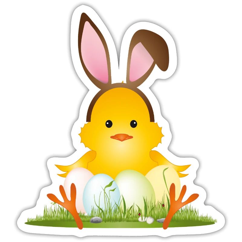 Cute Easter chick with bunny ears & Easter eggs