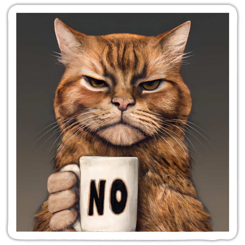 Grumpy funny cat with coffee cup says no