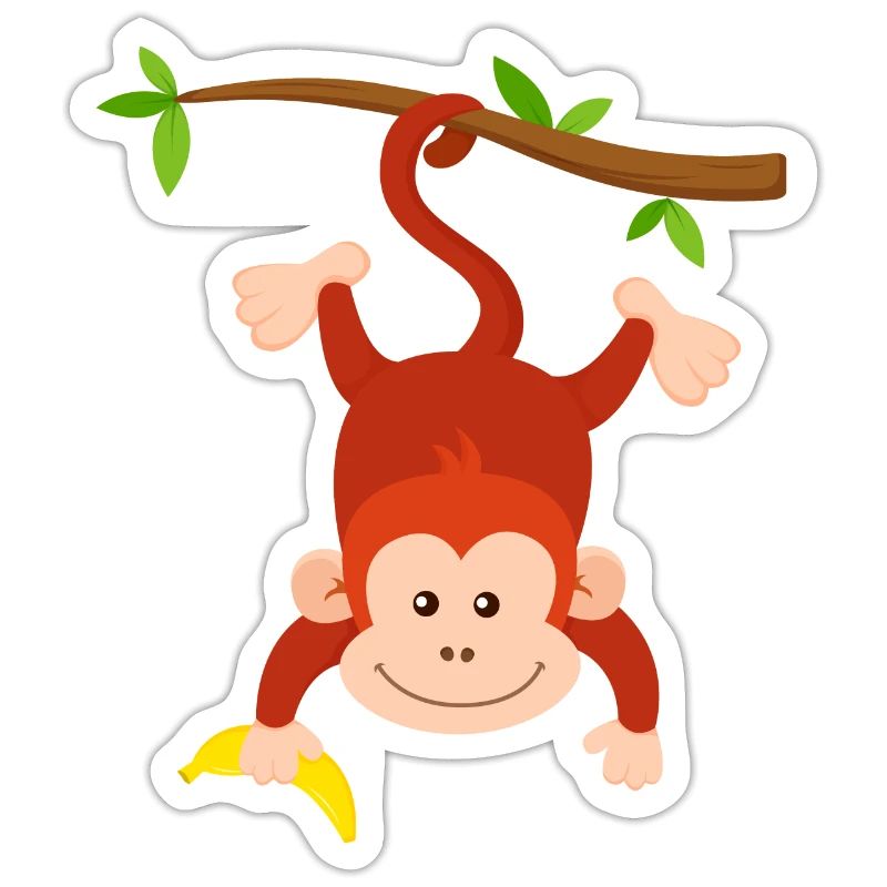 Monkey with banana hangs upside down on branch monkey design