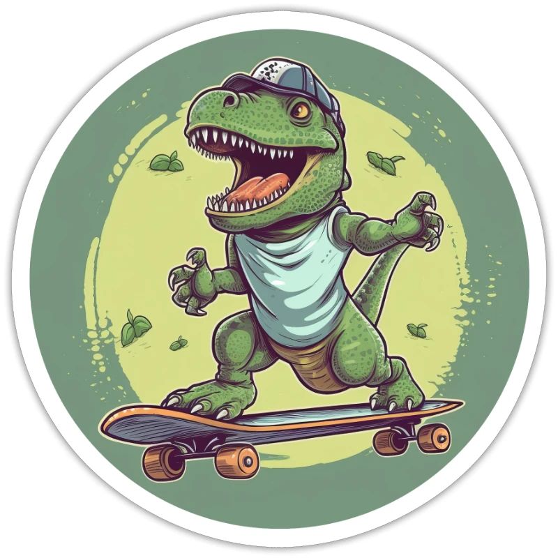 Cooler T-Rex mit Basecap auf Skateboard