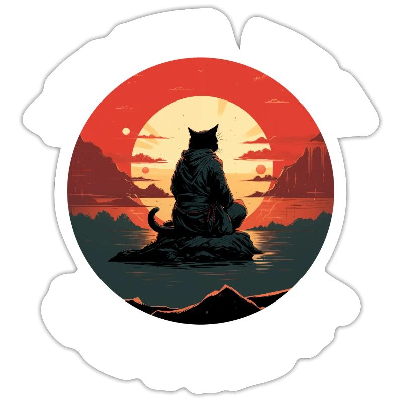 Chat noir ninja devant le soleil rouge