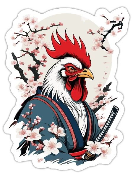 Coq Vintage samouraï Ukiyo-E Style Design - Sticker taille S (10 x 10 cm) - blanc mat - Devant