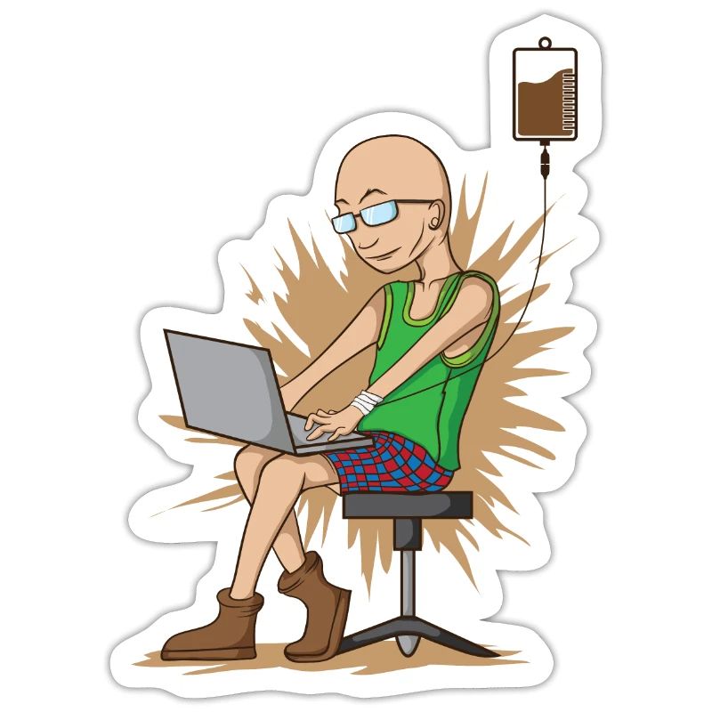 Coffee drinking nerd while chopping hangs on coffee