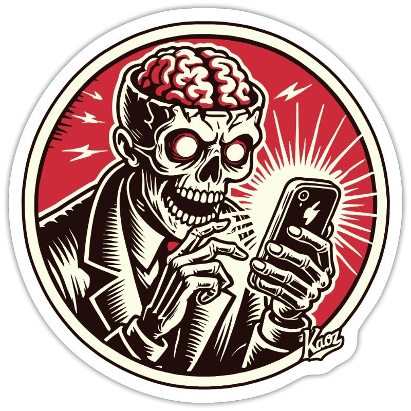Zombie skeleton while doomscrolling on smartphone