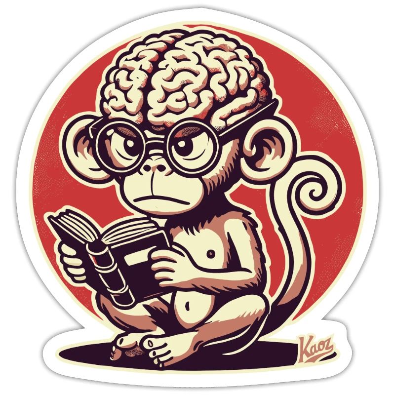 Nerd-Affe mit großem Geirn liest ein Buch