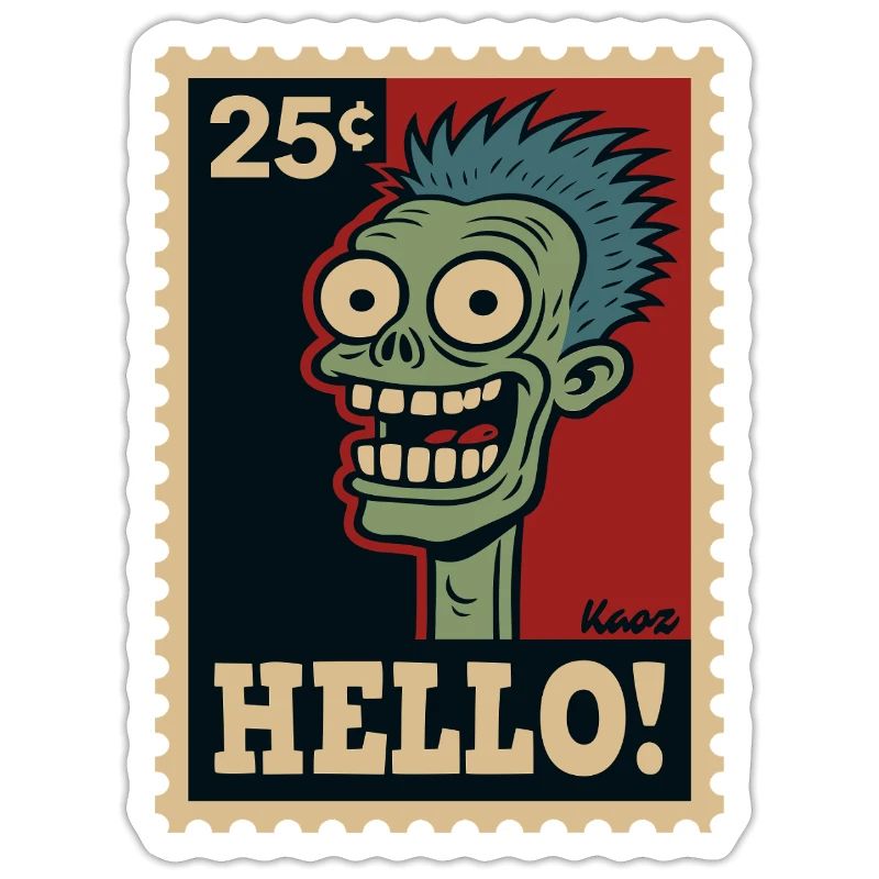 Comic zombie on postage stamp with "HELLO!"