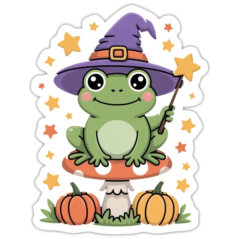 Witch frog on toadstool with pumpkins