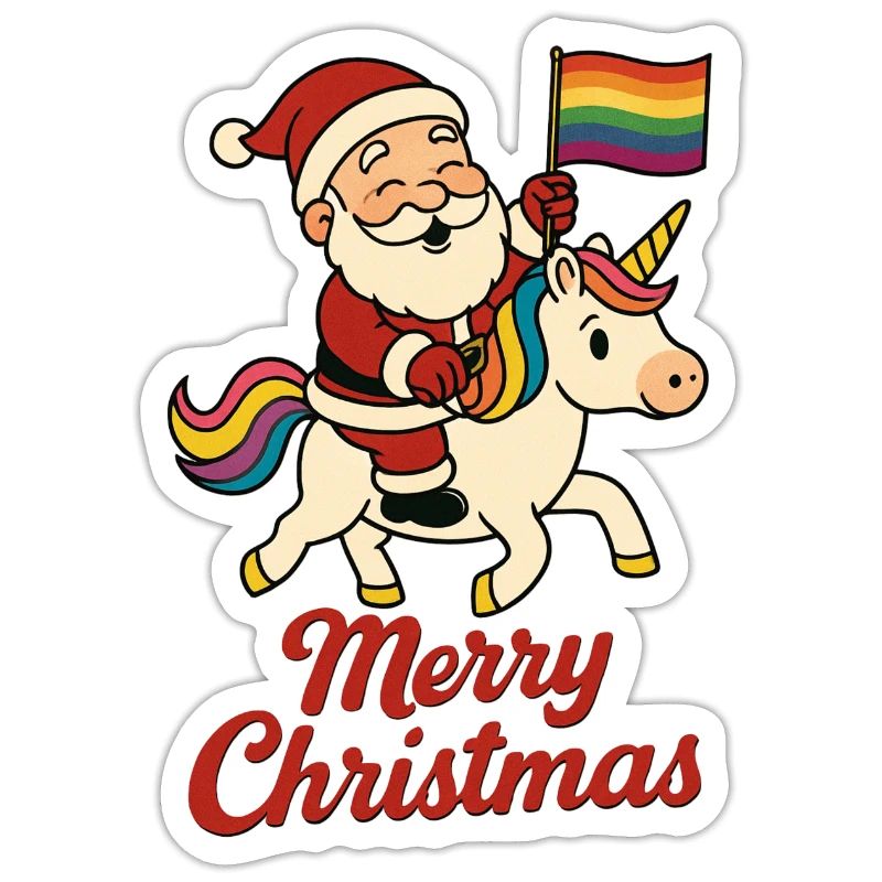 Weihnachtsmann auf Einhorn mit Regenbogenfahne