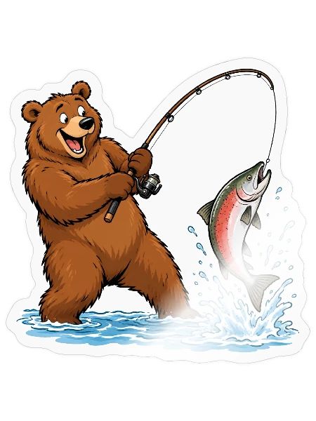 Lustiger Bär beim Angeln – Lachs am Haken - Sticker Größe S (10 x 10 cm) - Transparent glänzend - Vorne