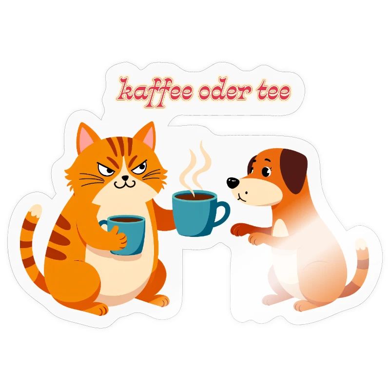 Kaffee oder Tee? Lustige Katze und Hund Bürohumor