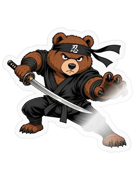 Ninja Bär mit Katana – Samurai Kämpfer - Sticker Größe S (10 x 10 cm) - Transparent glänzend - Vorne