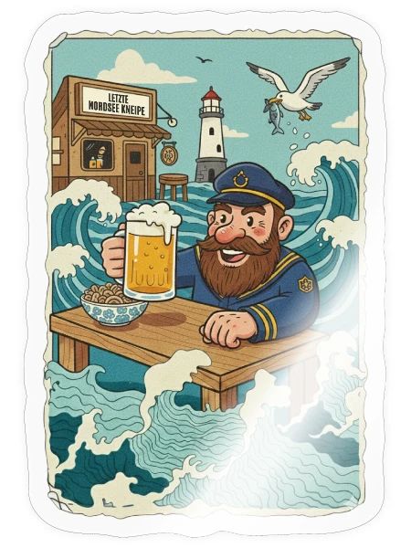 Dernier pub de la mer du Nord - Sticker taille S (10 x 10 cm) - brillant transparent - Devant