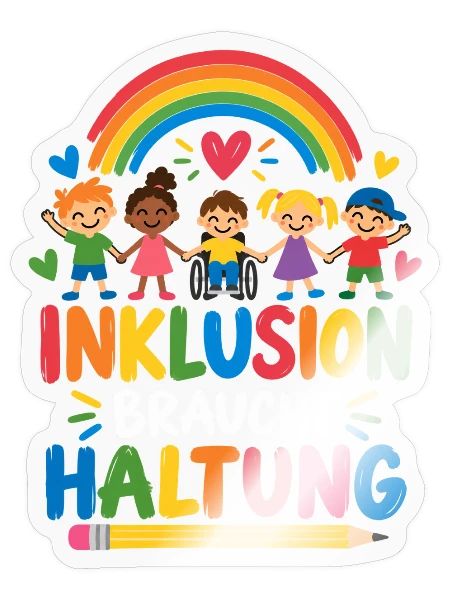 INKLUSION BRAUCHT HALTUNG – Regenbogen Schulteam - Sticker Größe S (10 x 10 cm) - Transparent glänzend - Vorne