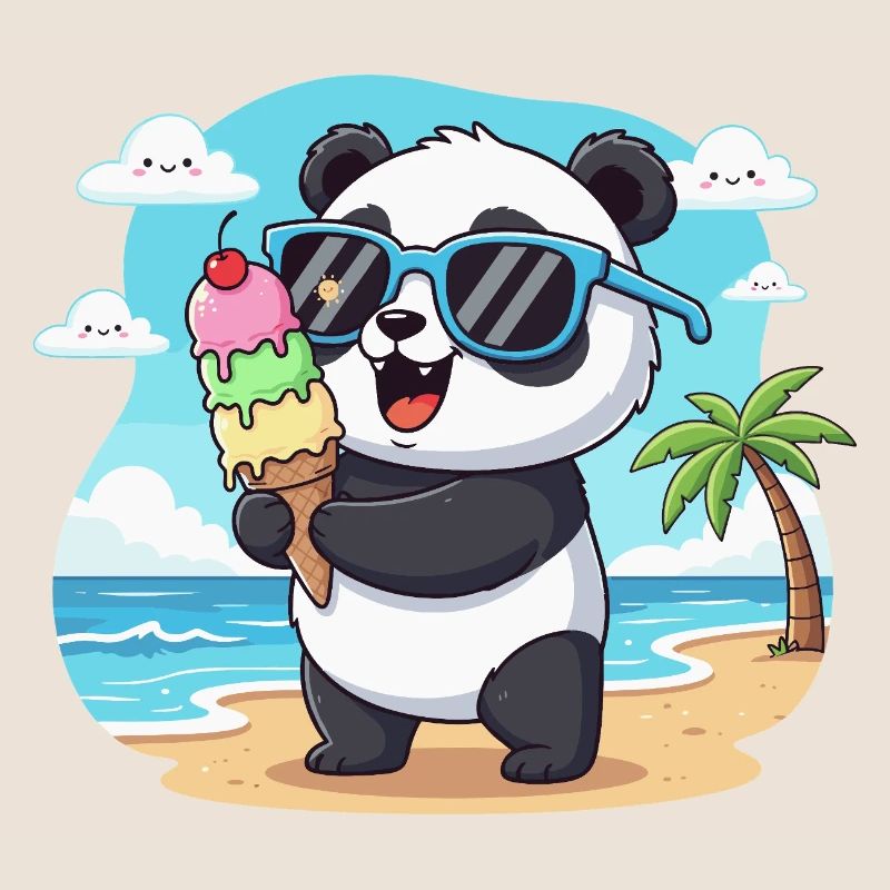 Panda am Strand mit Eiscreme