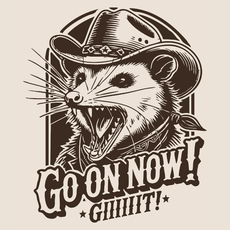 Vintage Go on Now Git Funny Cowboy Opossum Meme