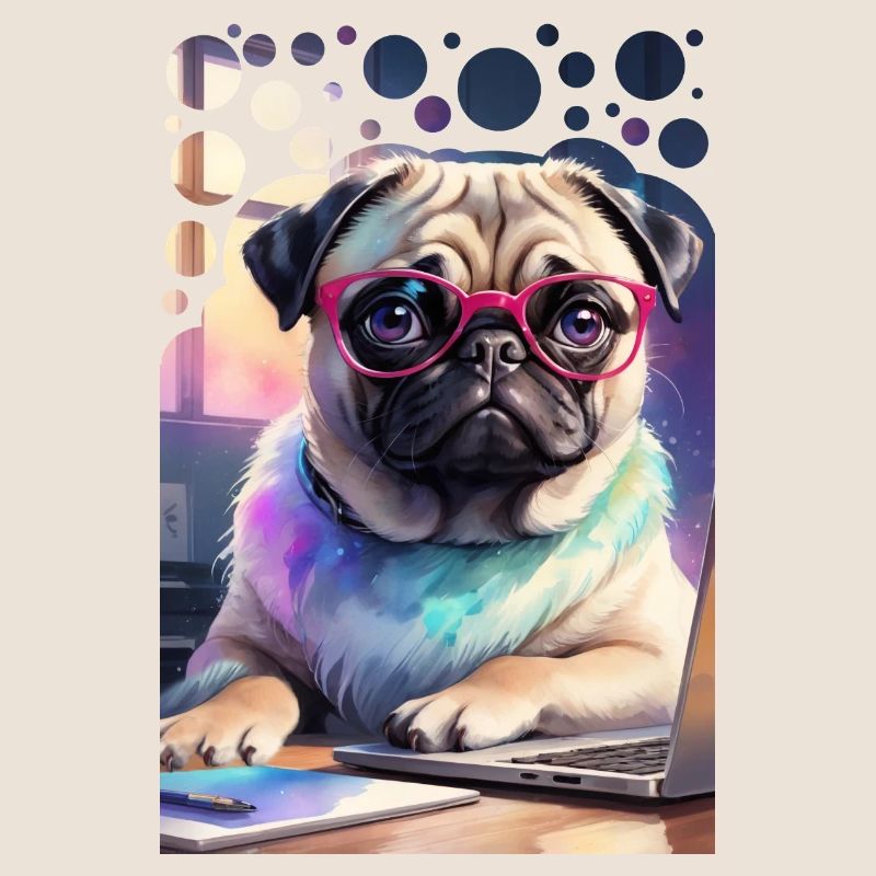 Bürohund Mops mit Laptop und pinker Brille Pop Art