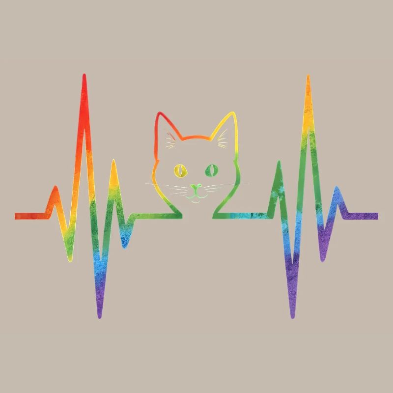 Rainbow cat with pulse heart line