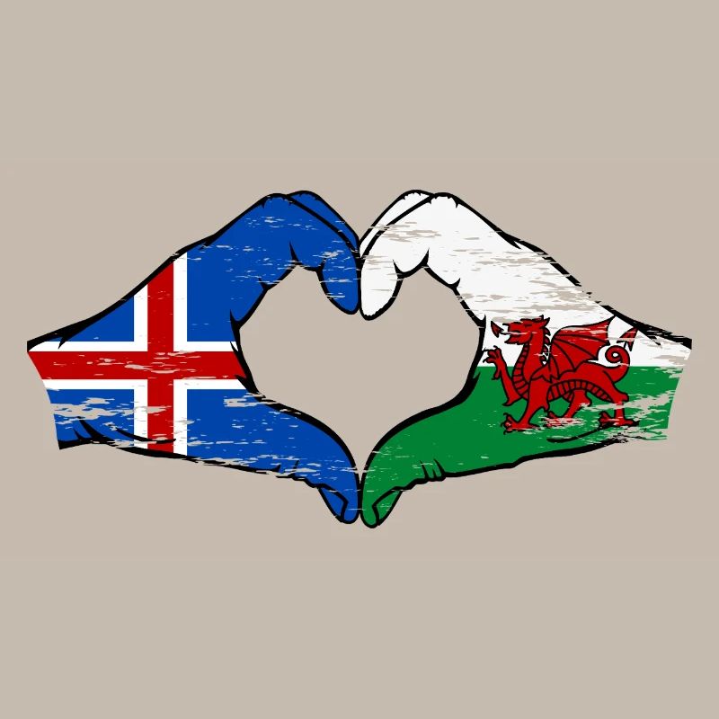 Islande Pays de Galles drapeau mains forme de coeur utilisé