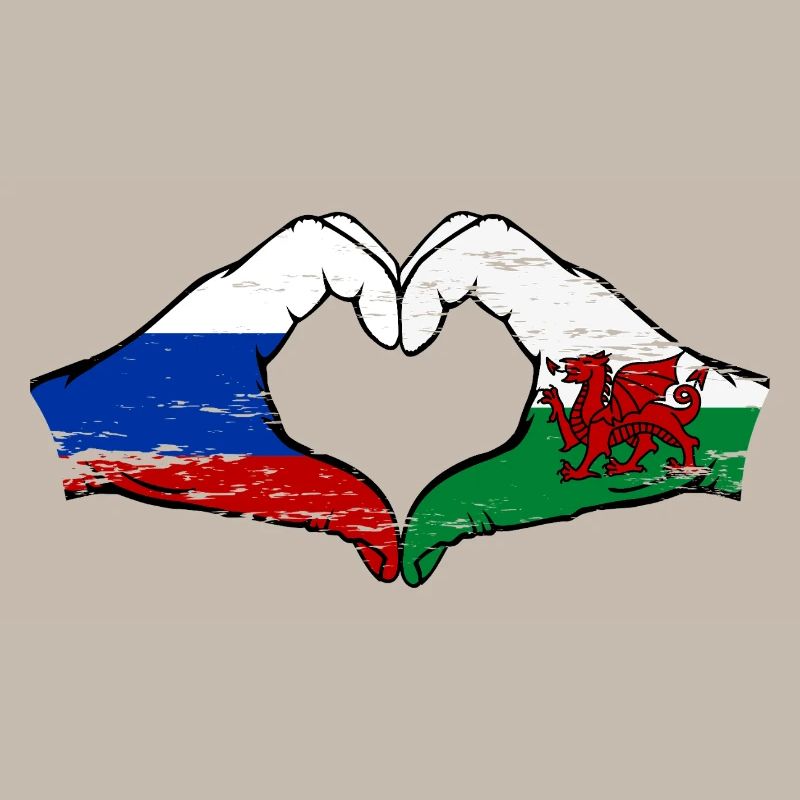 Russie Drapeau Pays de Galles mains forme de coeur utilisé