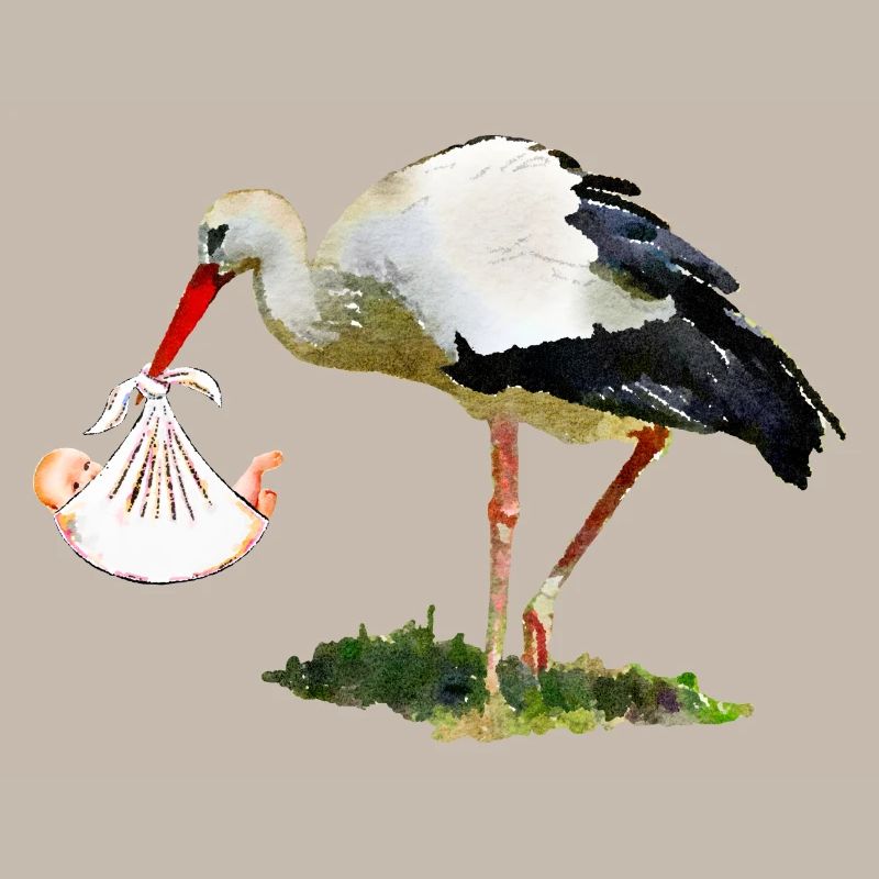 Cigogne avec bébé dans une écharpe