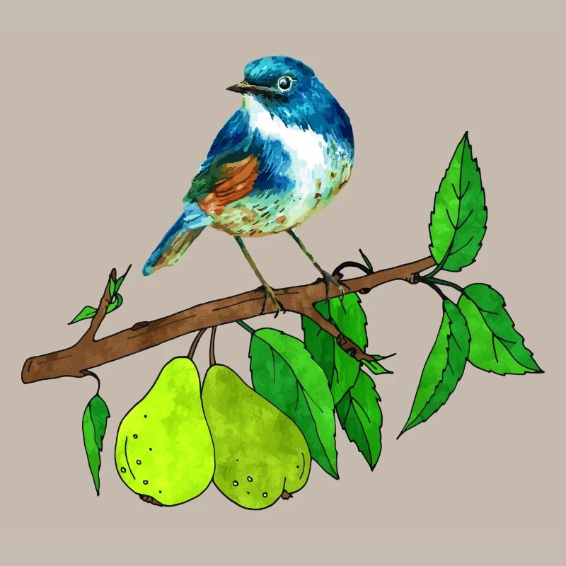 Blauer Vogel und Birne