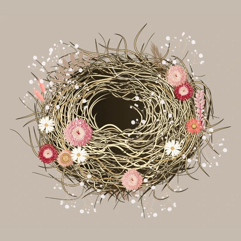 leeres Vogelnest oder Osternest mit Trockenblumen